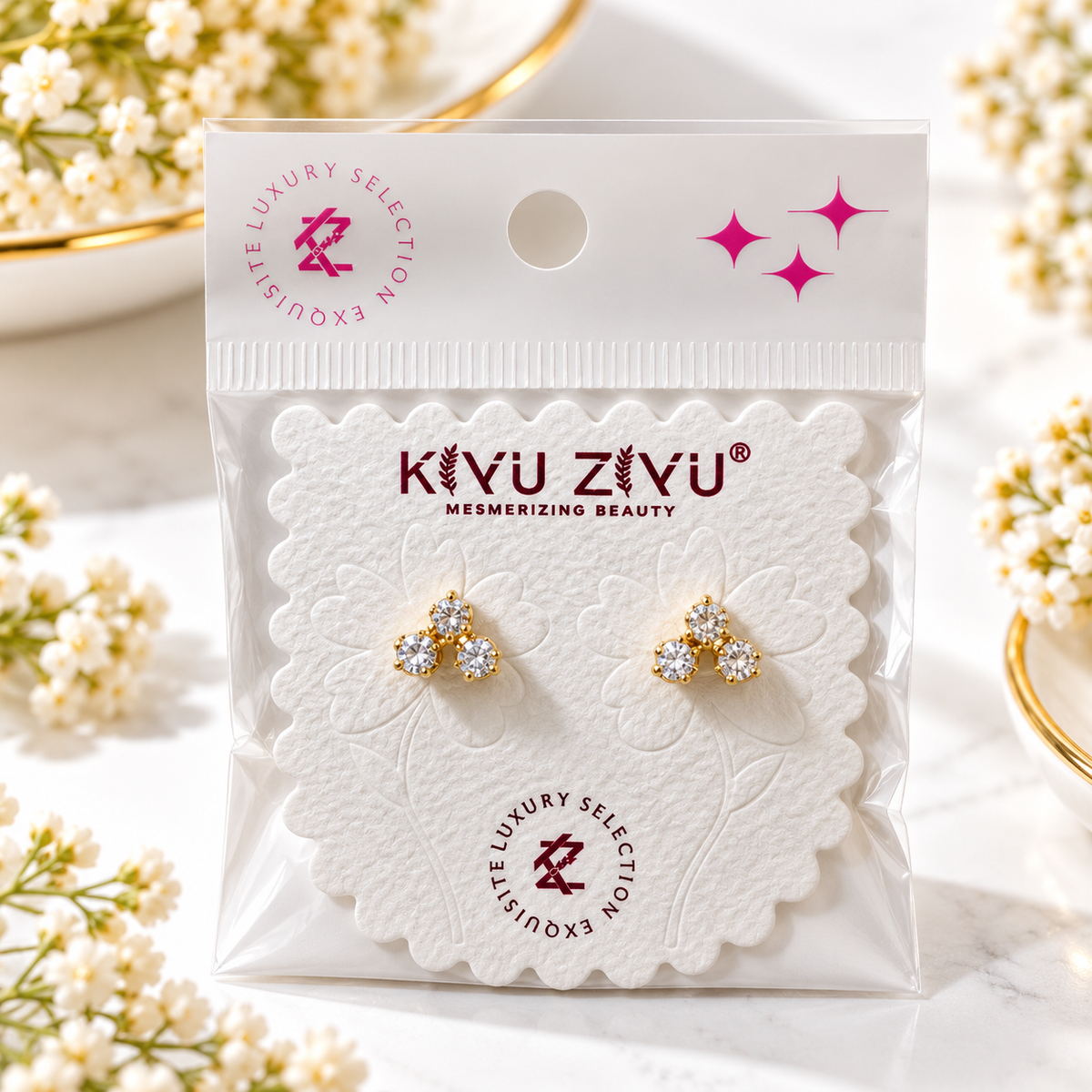 Gold-Plated Anti-Tarnish Stainless Steel Three-Stone Trinity Cluster Ball Back Earrings