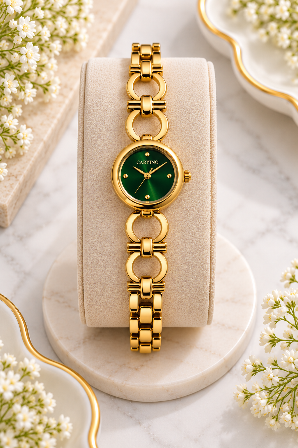 Caryino Women's Deep Green Dial Luxury Gold-Plated Bracelet Watch