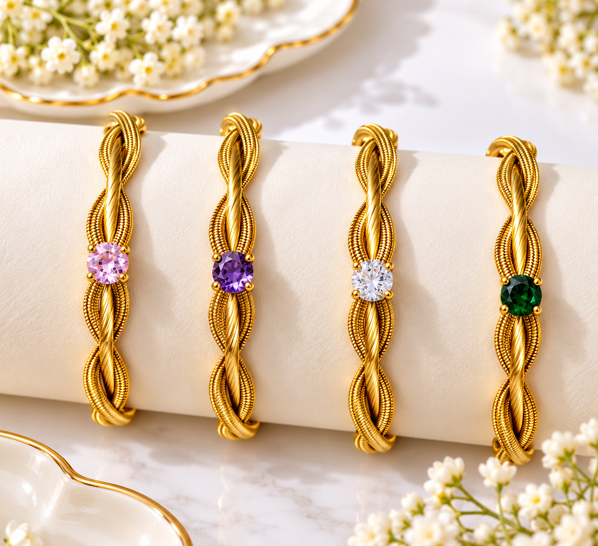 Gold-Plated Round Solitaire Gemstone Twisted Rope Bangles