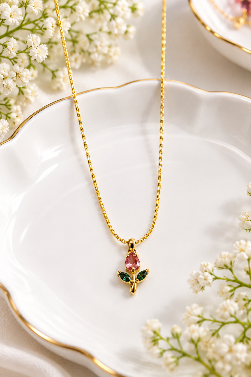 Anti-Tarnish Gold Plated Tulip Flower Necklace - Pink Green