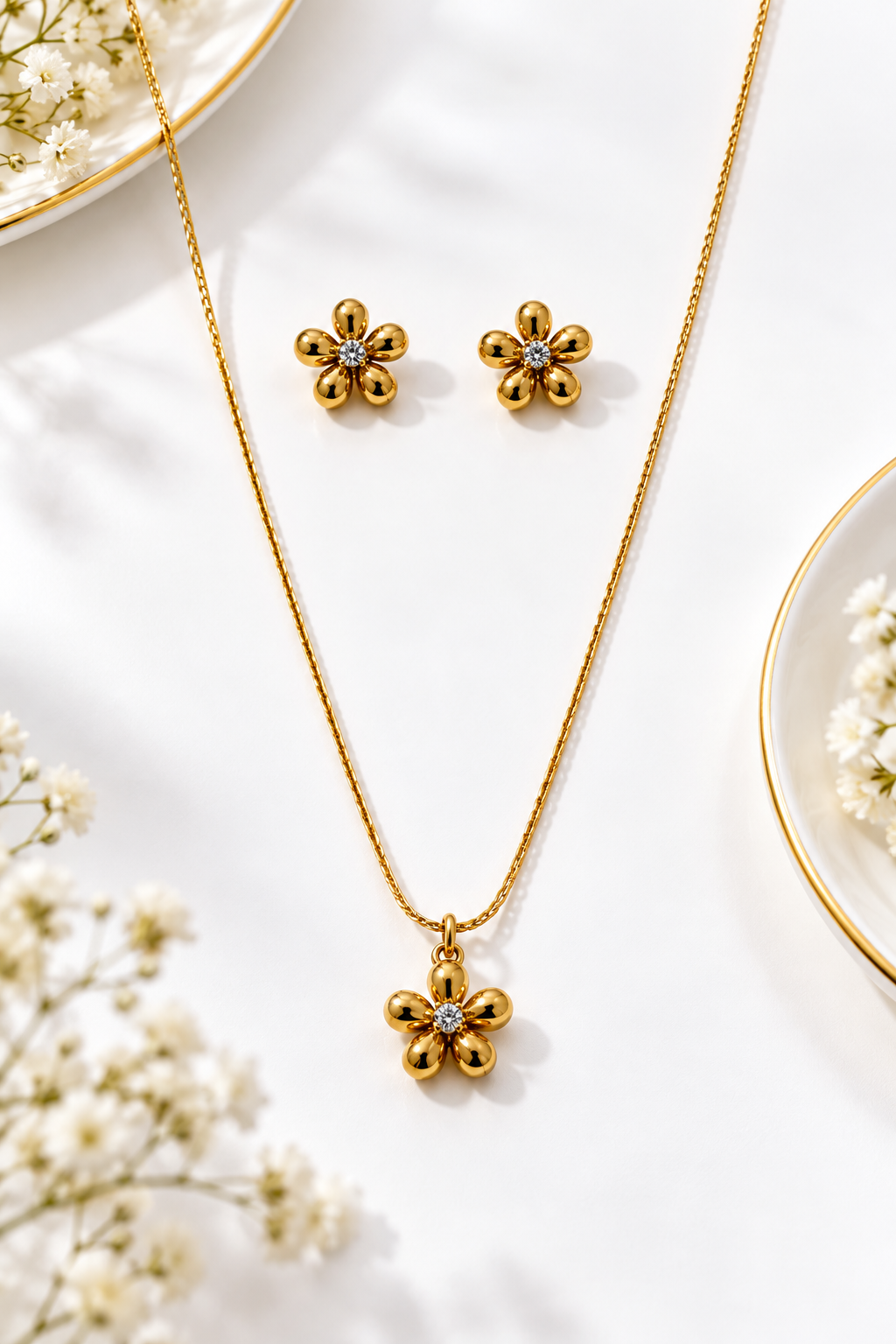 Gold Flower Star Necklace & Earrings Set