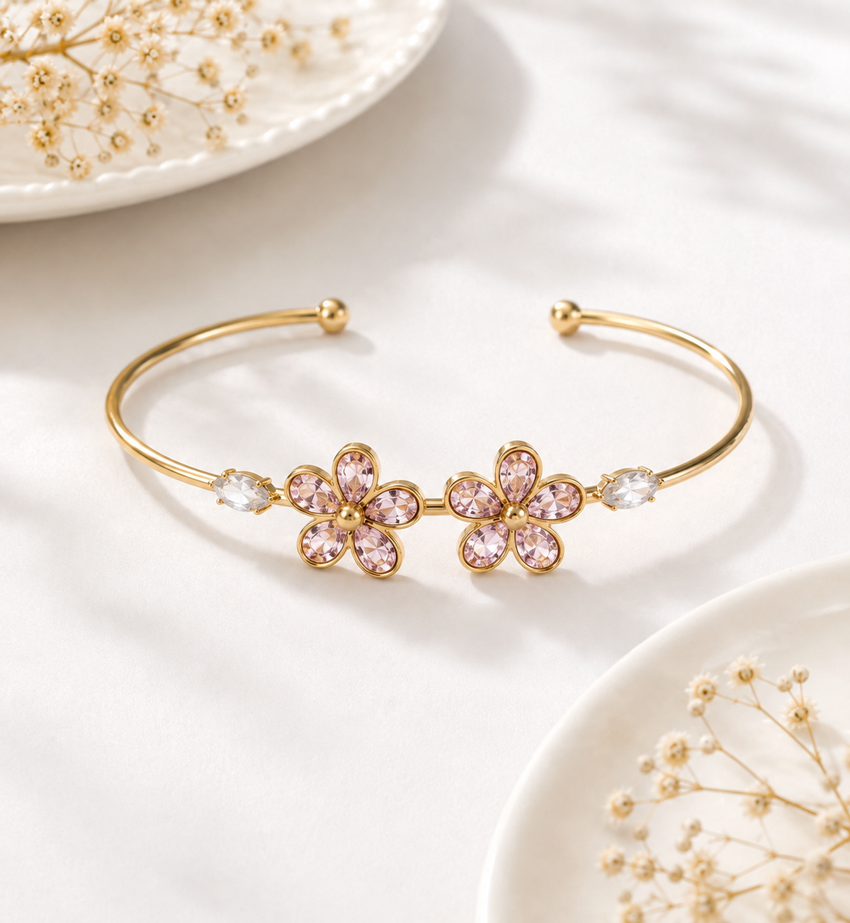 Floral Double-Flower Crystal Open Bracelet - Gold