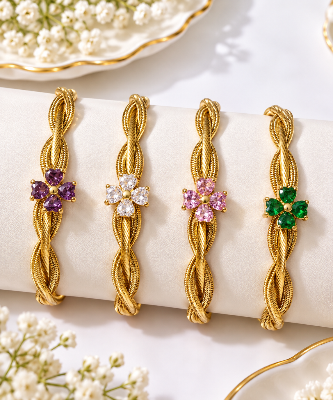 Gold-Plated Crystal Flower Four-Leaf Clover Twisted Rope Bangles