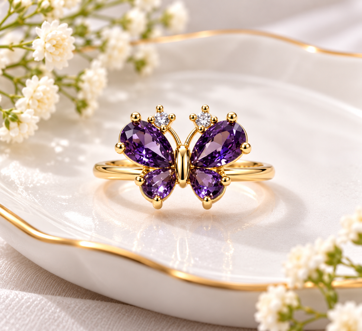 Gold-Plated Adjustable Gemstone Butterfly Ring