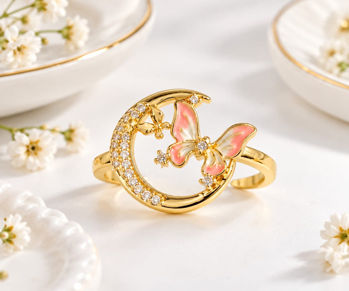 Crescent Moon and Butterfly Adjustable Ring