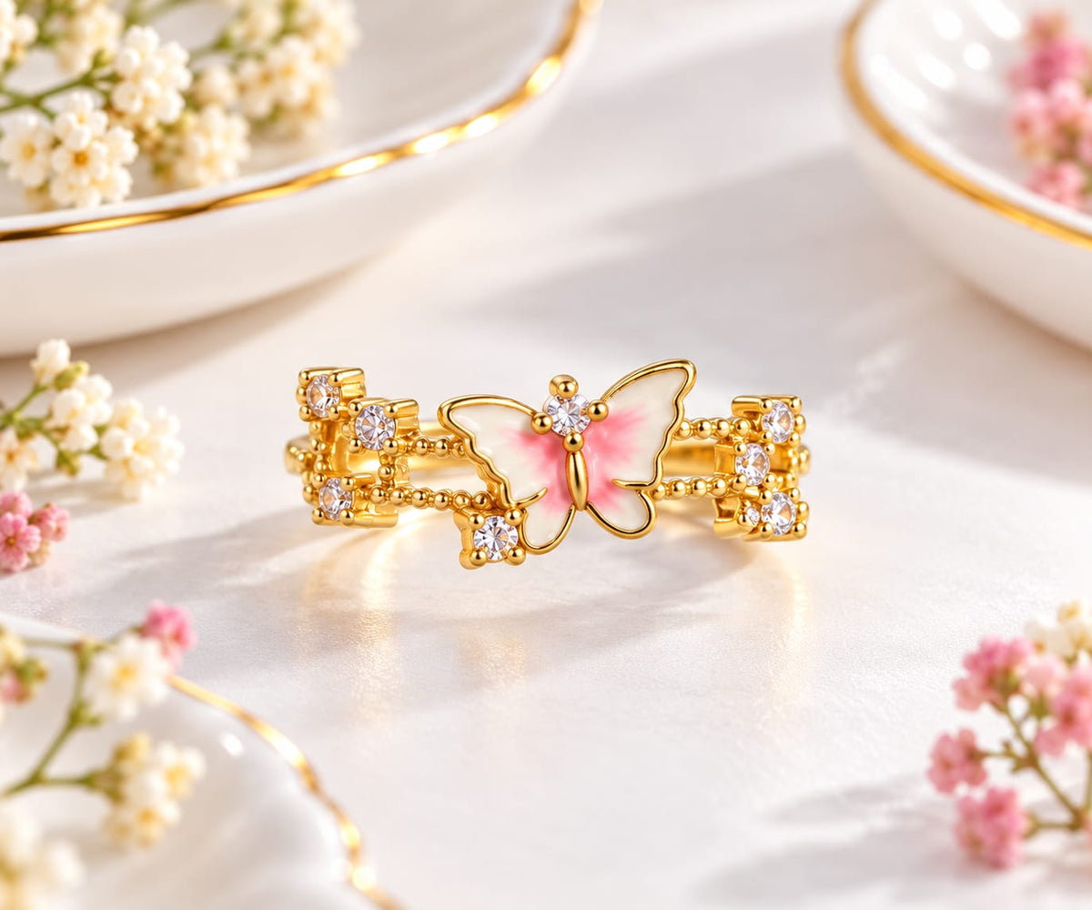 Gold-Plated Pink Enamel Butterfly Adjustable Ring