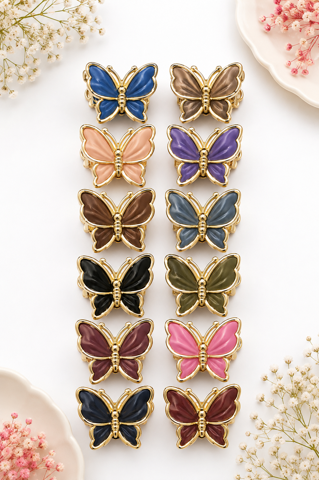 Glossy Enamel Gold-Framed Butterfly Hair Claw Clips