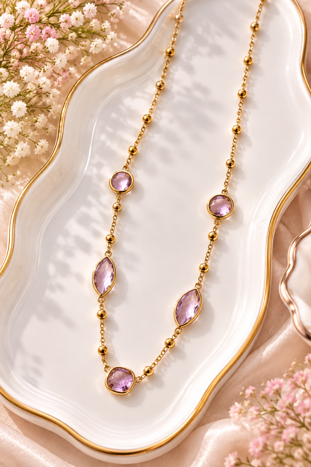 Gold-Plated Pink Crystal Station Yard Necklace