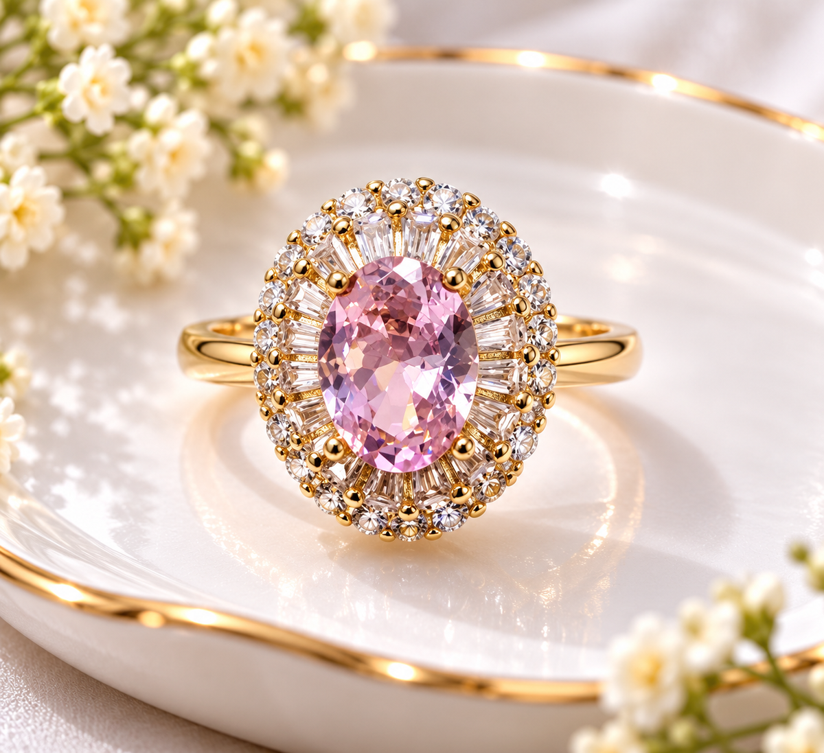 Gold-Plated Marquise-Cut Pink Gemstone Adjustable Ring