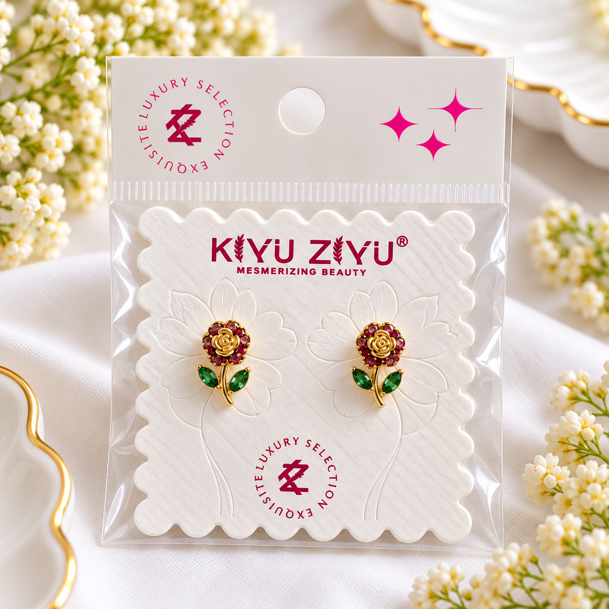 Gold-Plated Rose Crystal Stud Earrings
