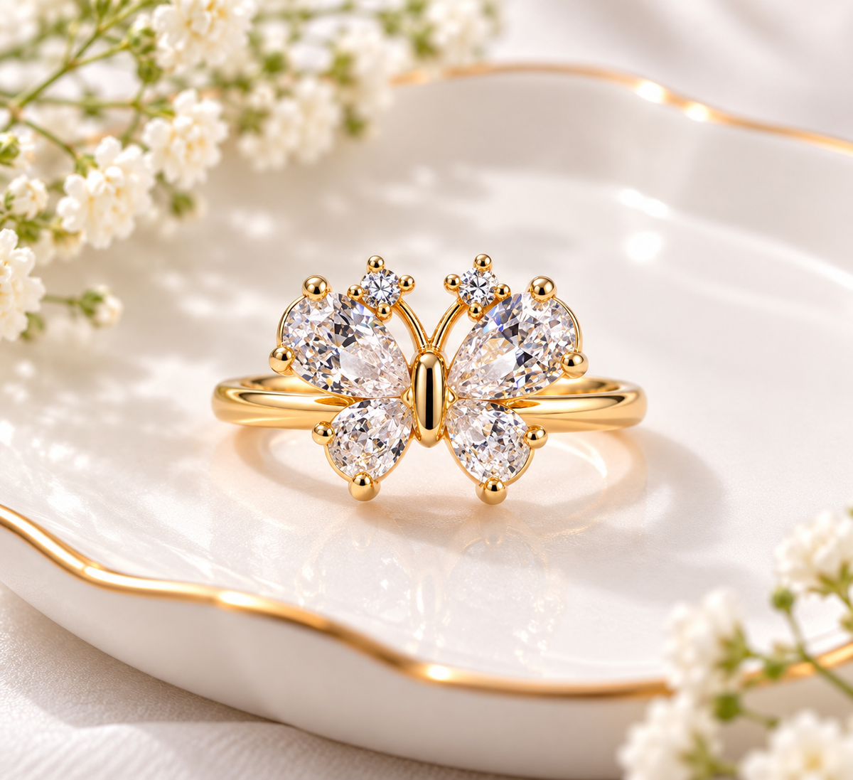 Gold-Plated Adjustable Gemstone Butterfly Ring