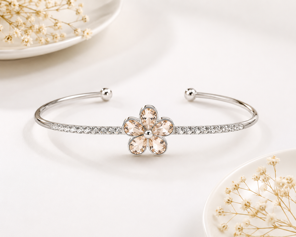 Zircon Flower Open Bracelet - Silver