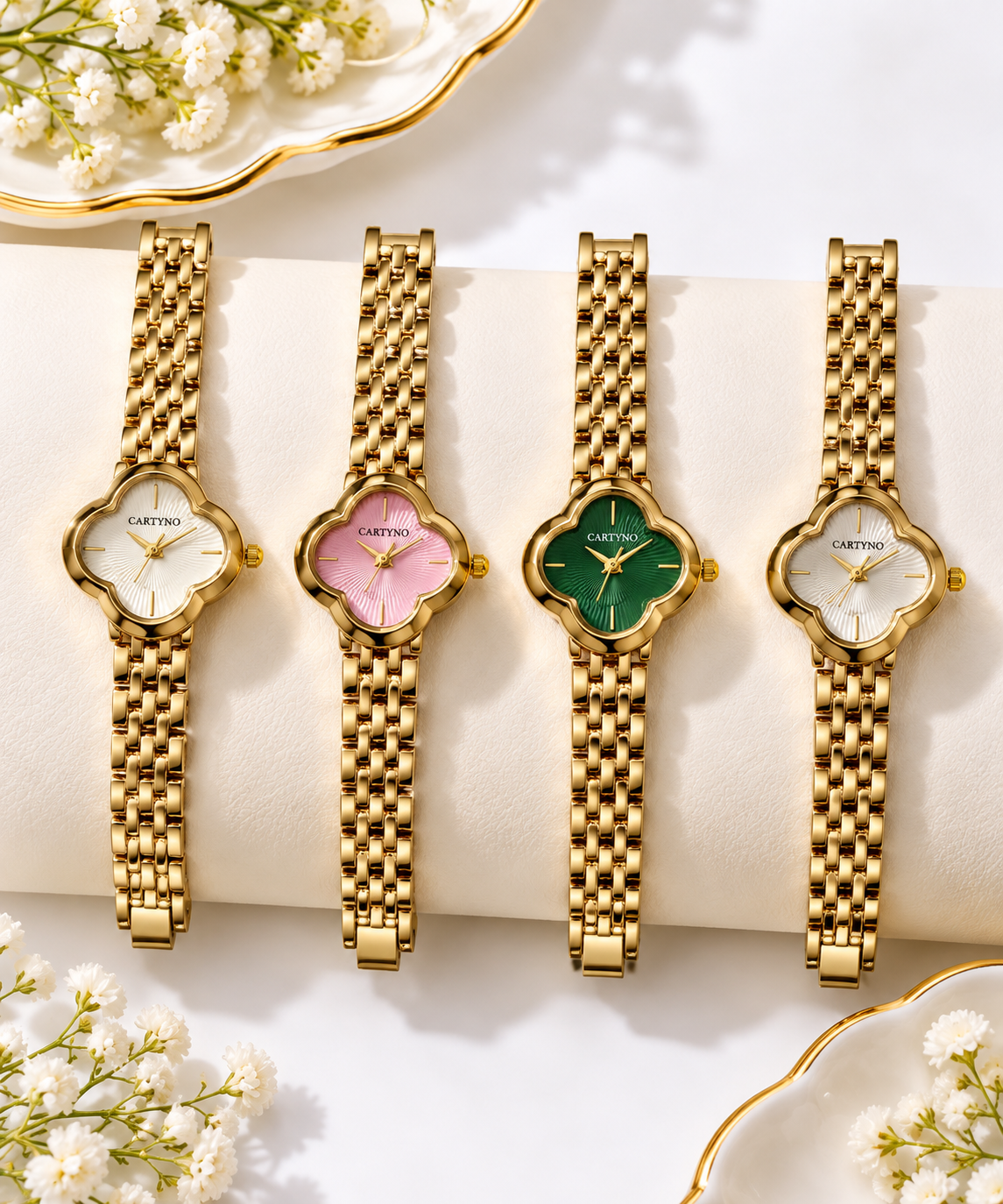 Caryino Flower / Clover Shape Dial Watch with a Gold Chain Bracelet