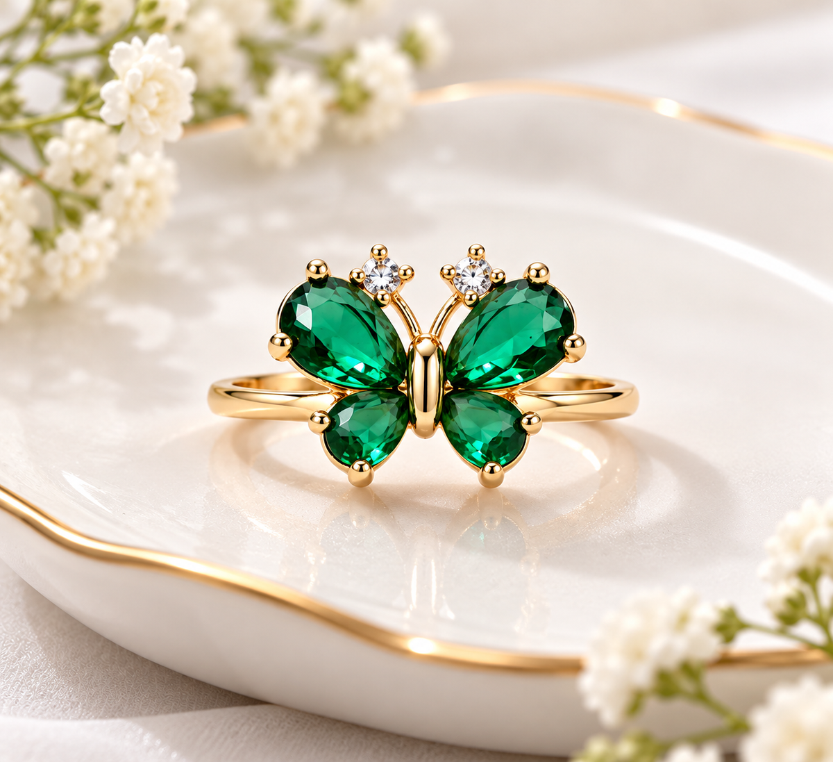 Gold-Plated Adjustable Gemstone Butterfly Ring