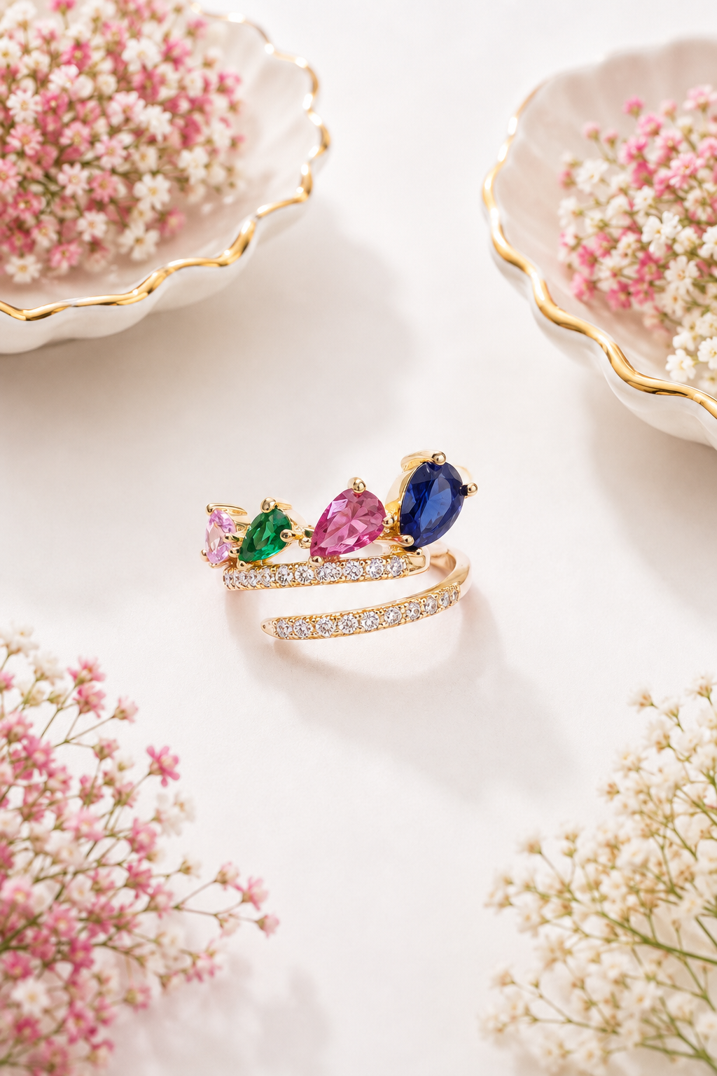 Multicolor Pear-Cut Gemstone Spiral Ring