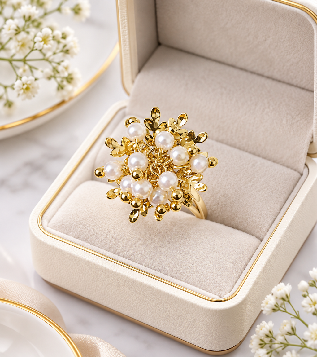 Gold Ring With Pearl Rhinestone