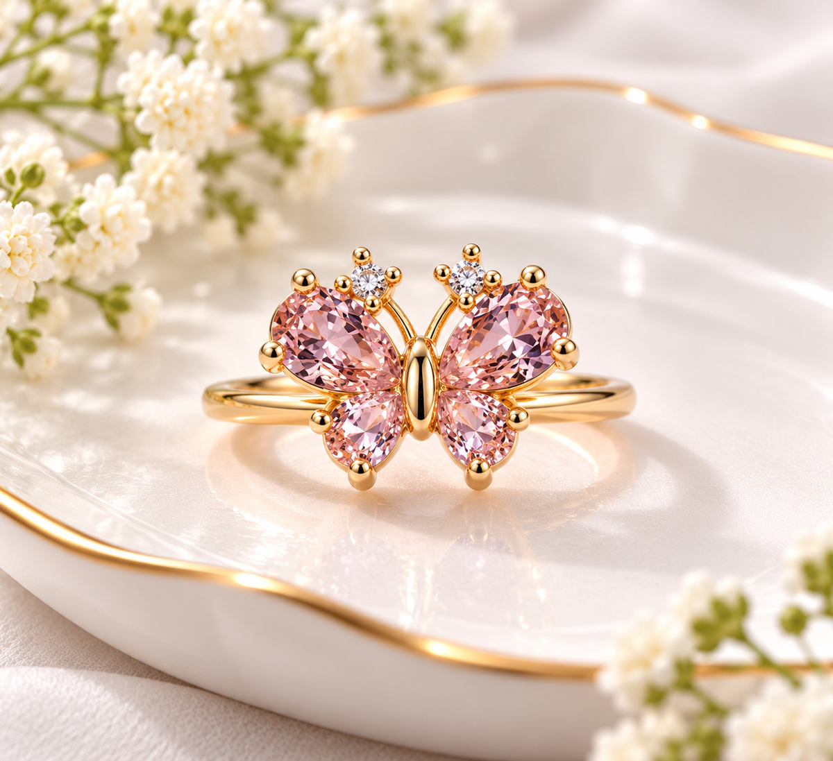 Gold-Plated Adjustable Gemstone Butterfly Ring