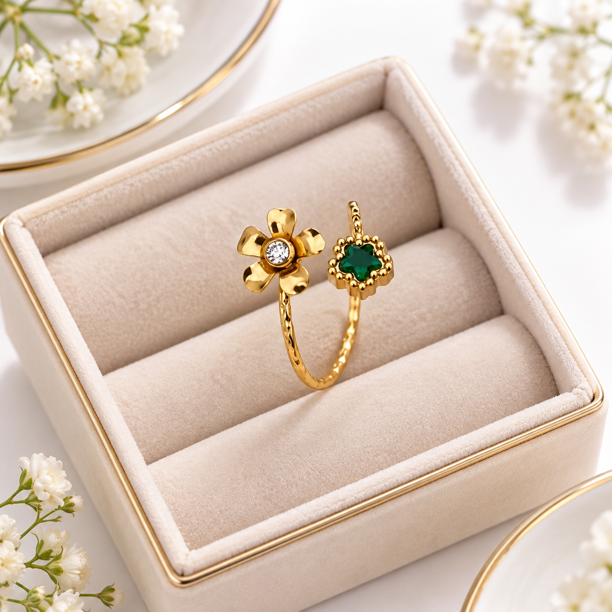Green Stone Daisy Ring