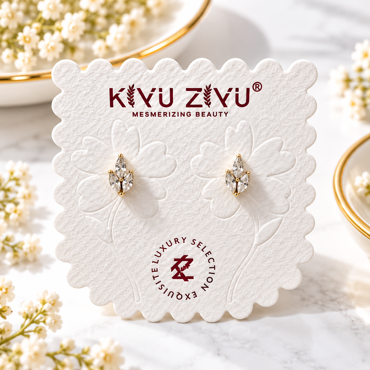Gold-Plated Anti-Tarnish Stainless Steel Three-Stone Marquise Lotus Ball Back Earrings