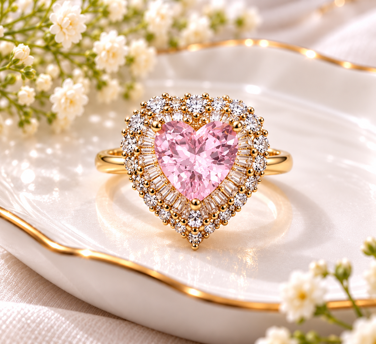 Gold-Plated Marquise-Cut Pink Gemstone Adjustable Ring