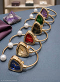 Women's Triangular Dial Open-Cuff Pearl Bangle Watch