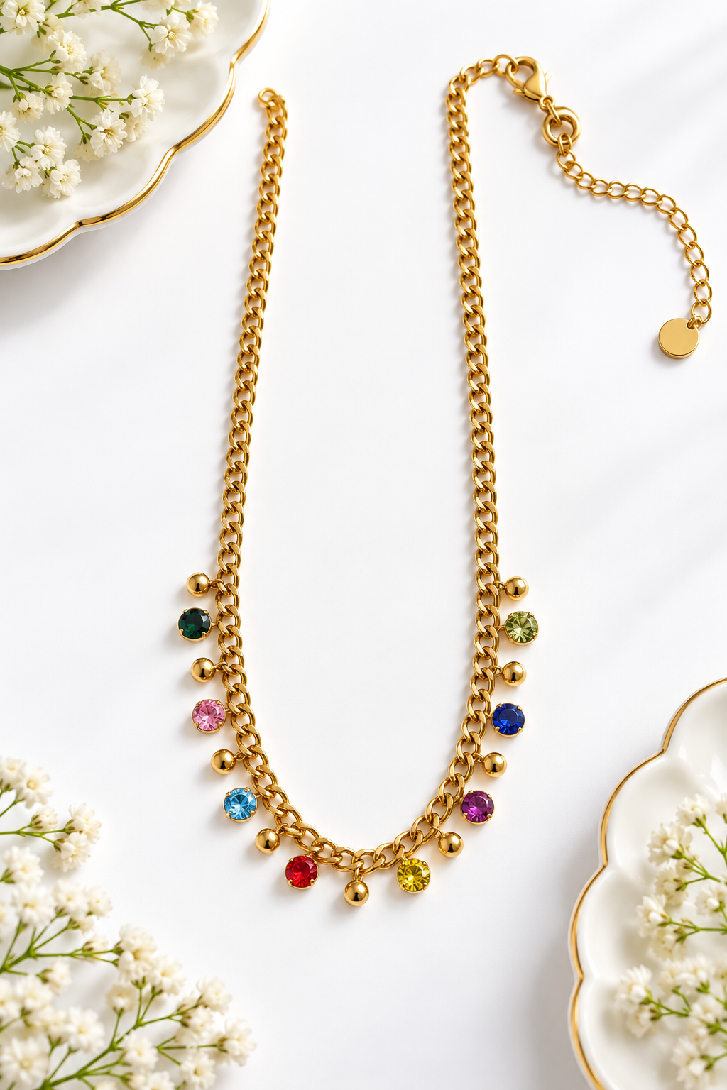 Gold-Plated Anti Tarnish Multicolour Crystal Charm Necklace