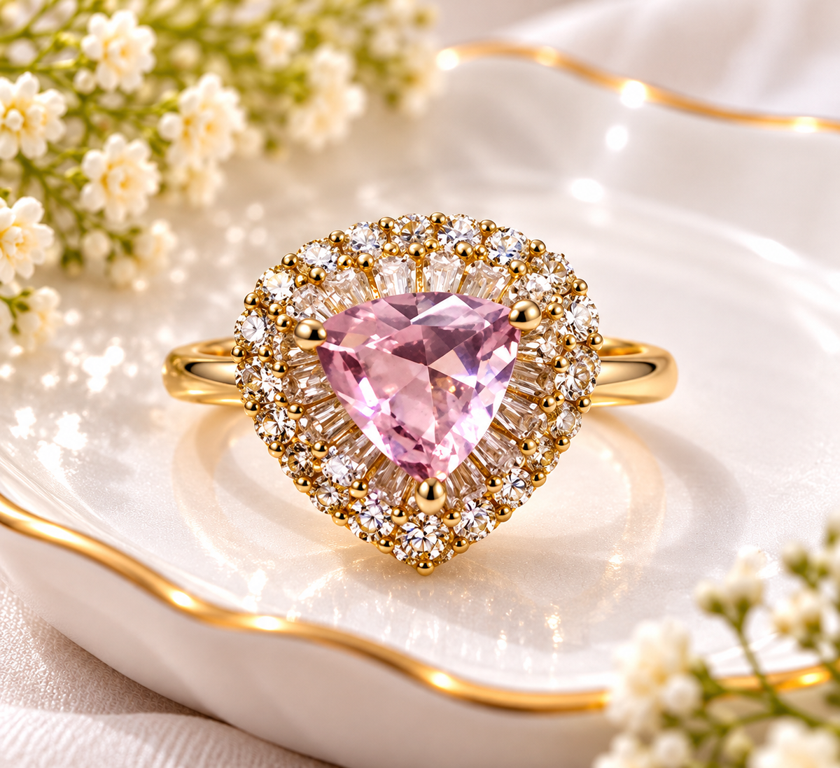 Gold-Plated Marquise-Cut Pink Gemstone Adjustable Ring