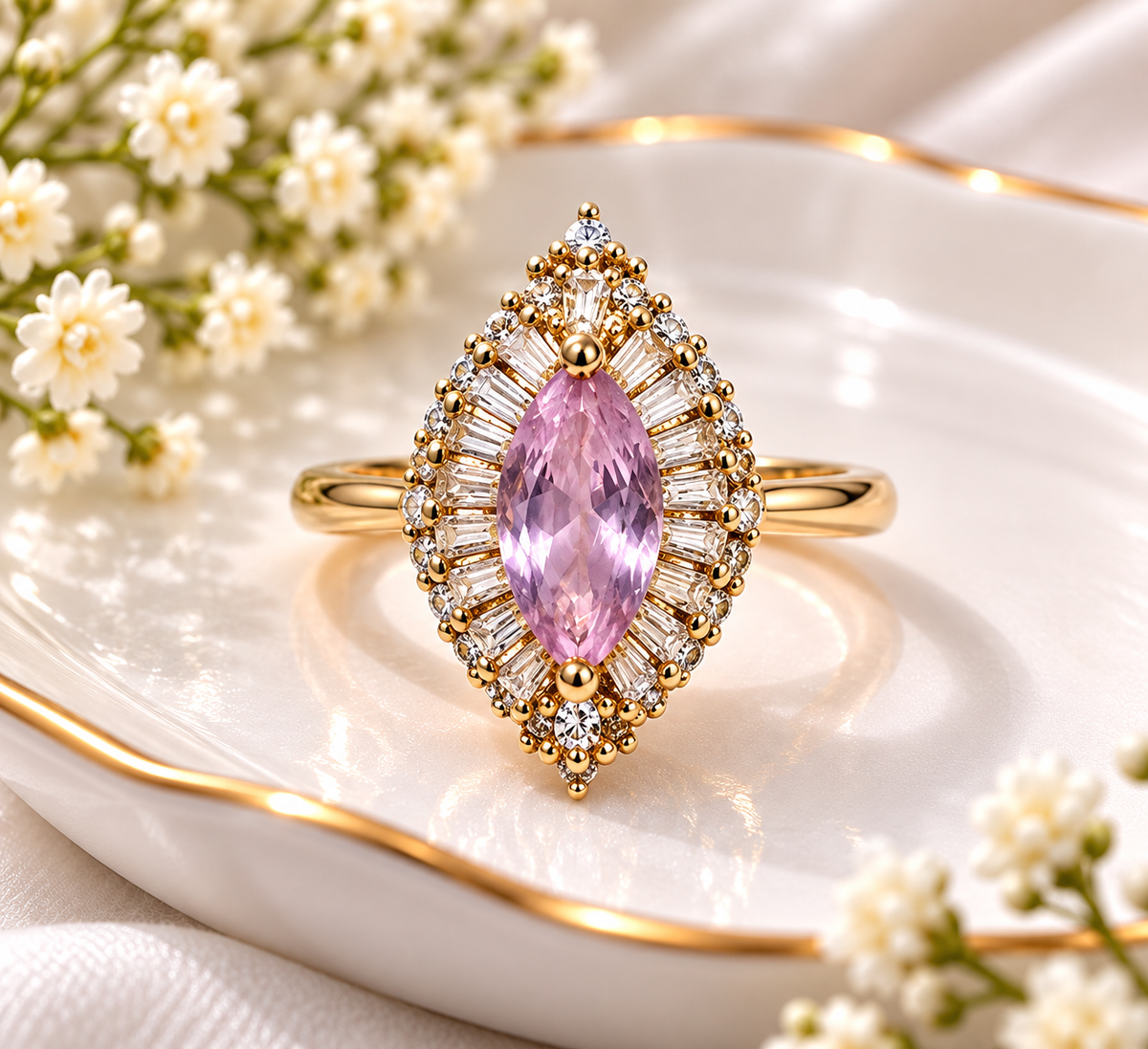 Gold-Plated Marquise-Cut Pink Gemstone Adjustable Ring