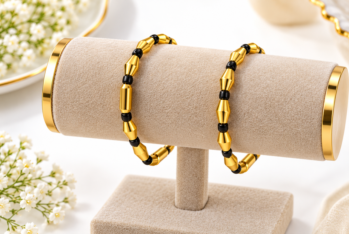 Gold-Plated Black Enamel Bamboo Joint Kada Bracelet