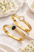 Anti-Tarnish Gold-Plated Kada Bangle Bracelets With Cubic Zirconia Pave Smooth Oval Center Stone