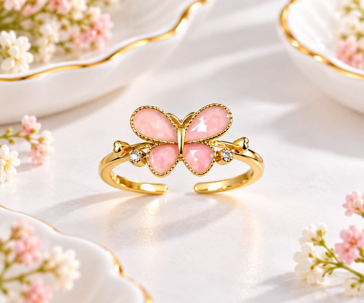 Pink Stone Butterfly Open Ring with Cubic Zirconia Accents and Gold Plating