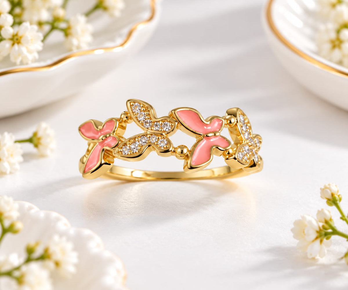 Gold-Plated Pink Enamel and Cubic Zirconia Butterfly Ring