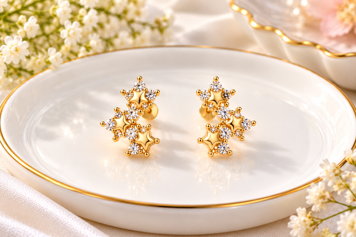 Gold Triple Star Cluster Ear Climber Ball Back Studs